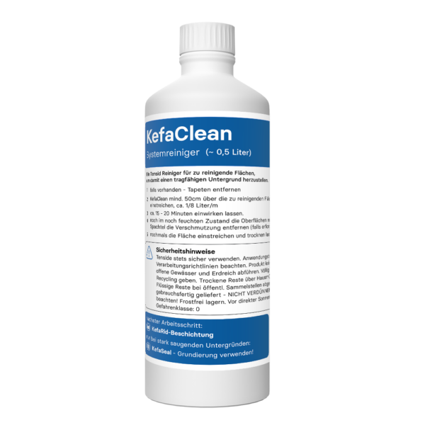 halbe liter flasche KefaClean Reiniger und Hygienespray zur desinfektion von Wänden vor dem auftragen von Schimmelschutz KefaRid