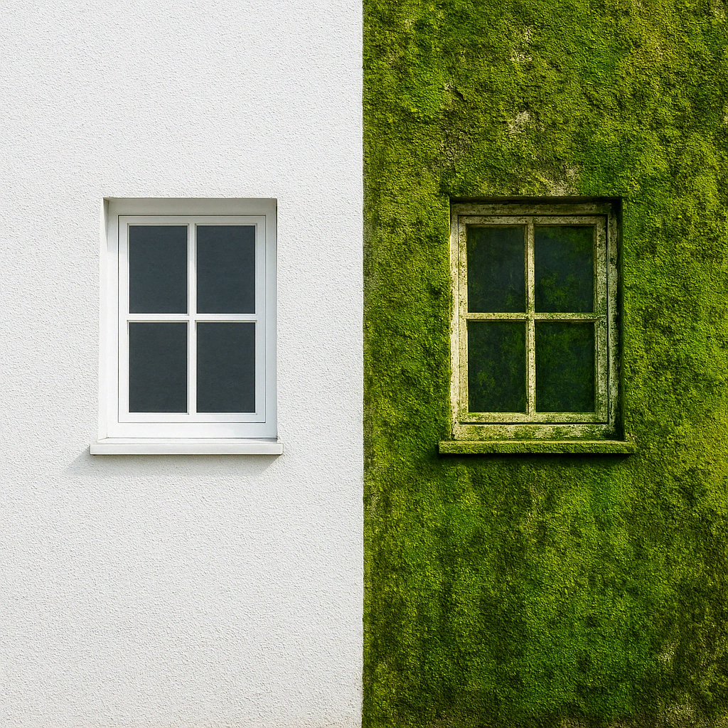 zwei fenster auf einer Fassade. Das linke fenster ist sauber mit KefaTherm Exterieur behandelt und die andere seite ist grün und moosbefallen